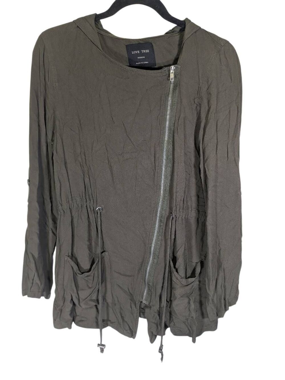 Love Tree Thin Army Green Jacket With Hood Size Medium Women’s Roll Up Sleeves